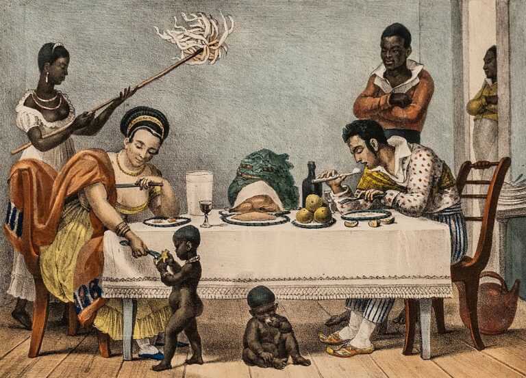 Uma família brasileira do século XIX sendo servida por escravos, pintado por Jean-Baptiste Debret, c. 1830