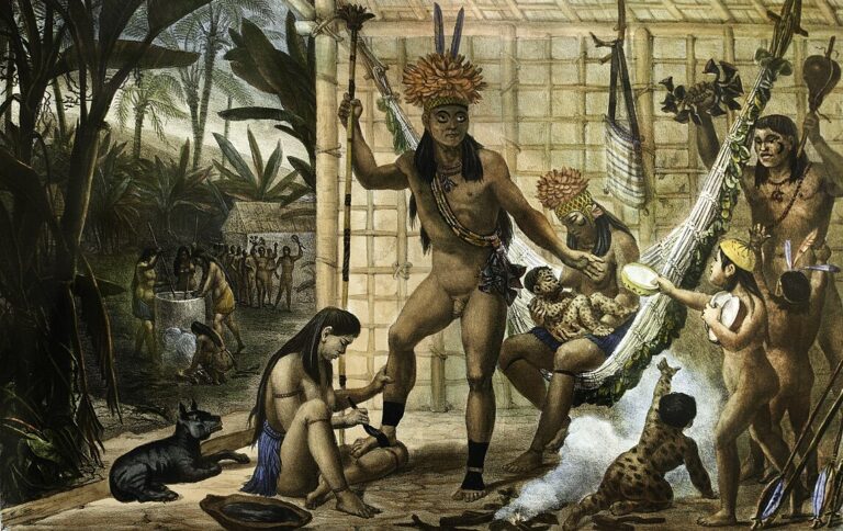 "Família de um chefe camacã se prepara para uma festa", de Jean Baptiste Debret - Os índios foram os primeiros escravos no Brasil.
