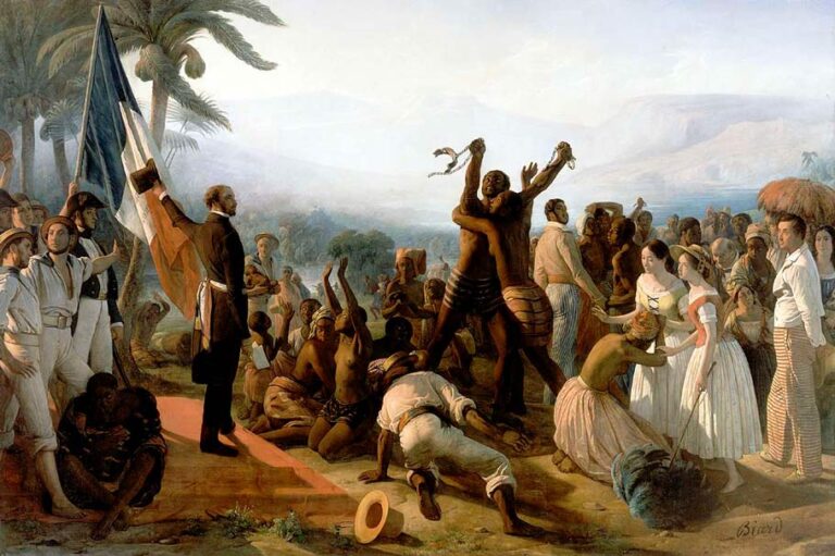 Proclamação da abolição da escravidão nas colônias francesas em 1849. Quadro de François-Auguste Biard.