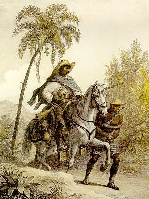 "O caçador de recompensas procurando por escravos fugitivos", capitão do mato, 1823, por Rugendas Escravidão indígena voluntária