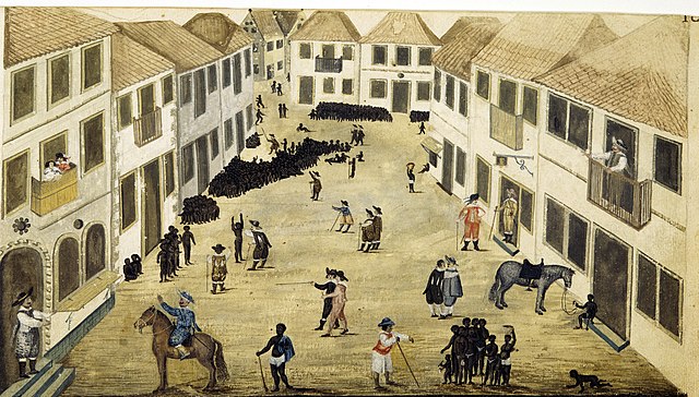 Mercado de escravos no Recife, pelo desenhista alemão Zacharias Wagner (entre 1637 e 1644). A Capitania de Pernambuco foi o berço da escravidão indígena e africana no Brasi